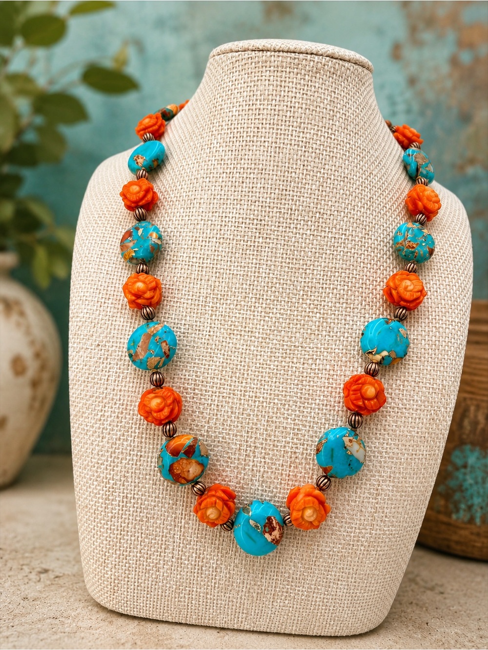 Artisan Hand Knotted Emperor Jasper Carved Coral floral bead Copper Necklace 18” - Picture 3 of 17